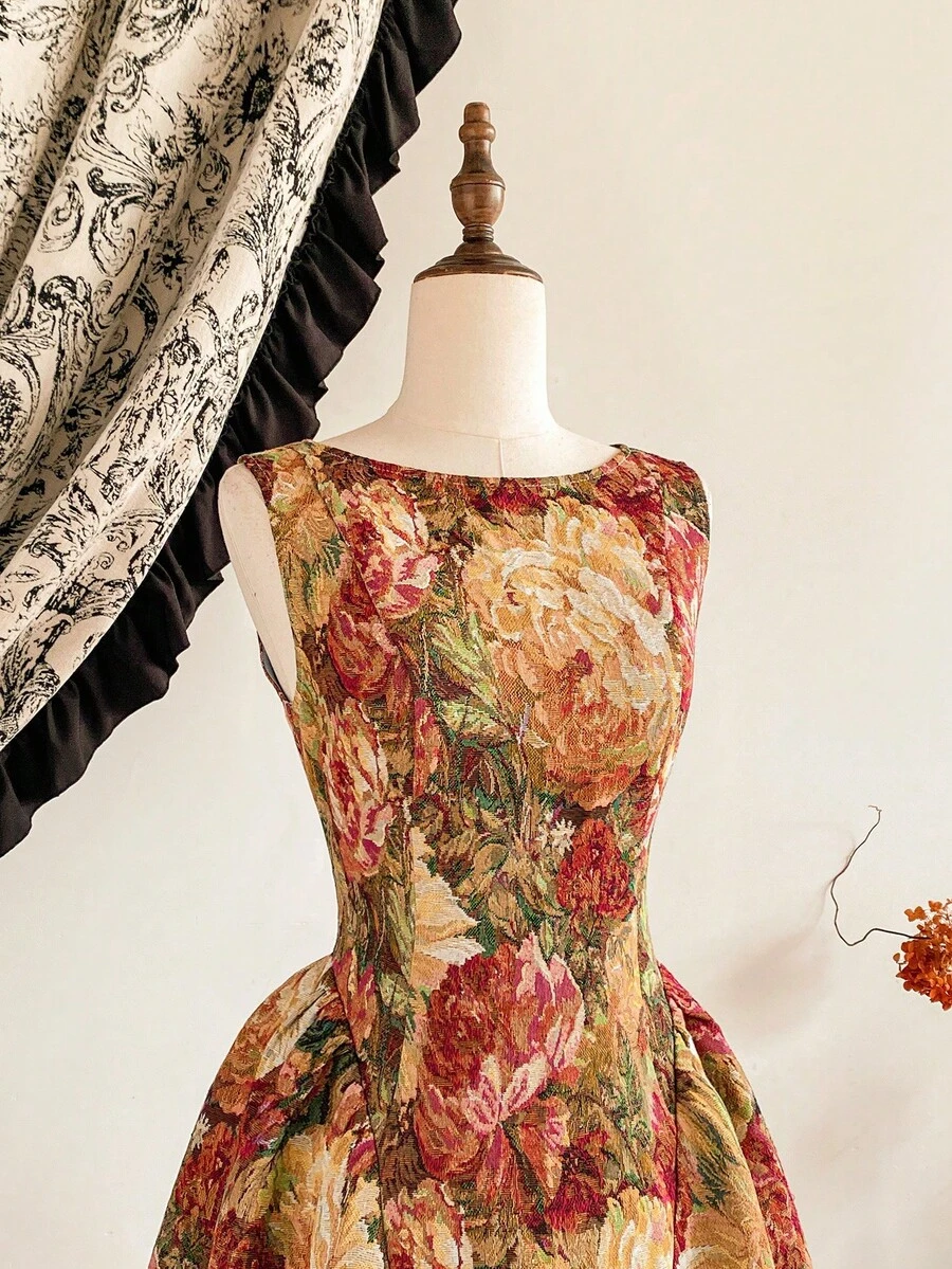 Vintamour Robe élégante vintage pour femme, texture jacquard avec peinture à l'huile florale. Robe longue pour fête de vacances, vêtements d'hiver pour femmes. Robe d'hiver, vêtements de Noël pour femmes. Tenue de Noël pour femmes, vêtements de Noël pour femmes, robe de Noël, robe de fête de Noël, vêtements du Nouvel An, tenue du Nouvel An, robe de fête, robes élégantes pour fête, robes élégantes pour femmes, robe élégante pour femme, tenue de Thanksgiving pour femmes