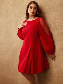 MOTF PREMIUM PLUS ELEGANT DATE NIGHT CONTRAST MESH LANTERN SLEEVE CINCHED WAIST A-LINE SHORT DRESS/CHRISTMAS - Red - View 6