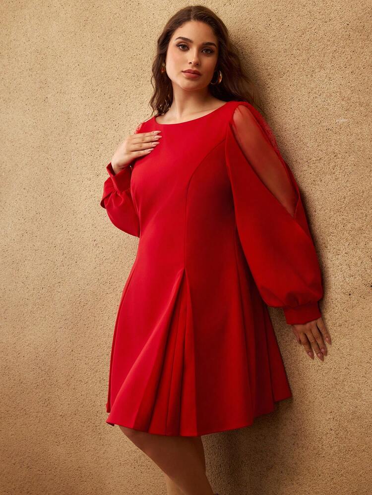 PLUS ELEGANT DATE NIGHT CONTRAST MESH LANTERN SLEEVE CINCHED WAIST A-LINE SHORT DRESS/CHRISTMAS