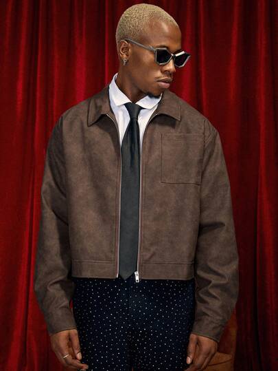  PAVTROS Manfinity Streetrush Men's Street-Style Popular INS Matching Men Long Sleeve Jacket,Men's Casual Short Brown Zip-Up Jacket, Autumn,Leather Jacket,Streetwear,Winter Jacket, Christmas,Boy Friend Gifts Mocha Bomber Jacket Vintage Jacket Men Brown Jacket Cropped Zip Up Men Cropped Men Jacket