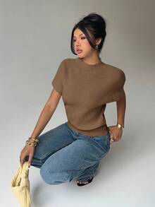 Aloruh Women's Solid Color Stand Collar Short Sleeve Casual Loose Knit Sweater - Brown - View 7