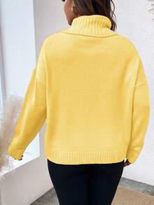 EMERY ROSE Plus Size Women Casual Everyday Commute Simple Solid Color High Neck Dropped Shoulder Loose Cable Knit Sweater, Autumn/Winter - Light Yellow - View 2
