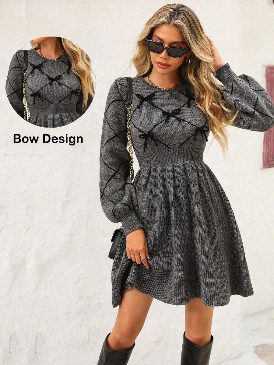 Vivid Eden Women's Casual Bow Decor Knit Sweater Dress, Autumn/Winter, Long Sleeve Dress, Lantern Sleeve Dress Puff Sleeve Dress, Gray Dress,Casual Outfit For Women, Gray Dresses For Women, Long Sleeve Elegant Sweater Dress - Grey - View 1