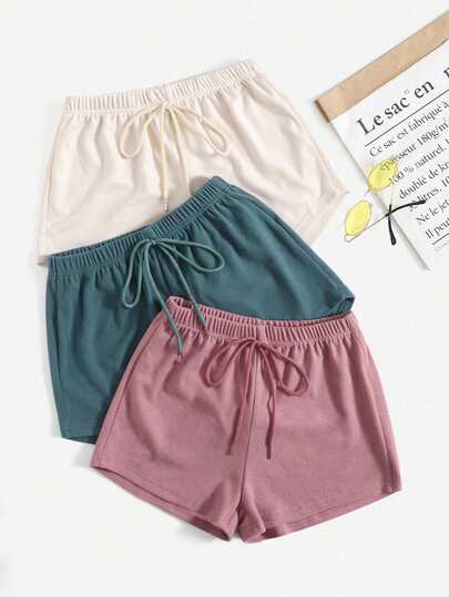 Snug Zone 3pcs Women's Solid Color Waist-Tied Casual Sleep Shorts For Home Wear