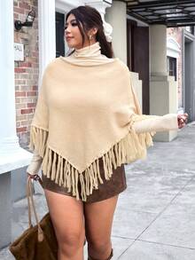SHEIN EZwear 2025 Autumn/Winter New Casual Outgoing Daily Wear Party Date Holiday Multi-Occasion Versatile Fringe Loose Crew Neck Poncho Cardigan Khaki Warm Plus Size Sweater - Camel - View 1