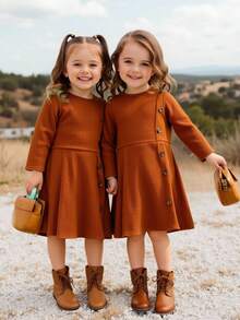 Emery Rose Kids Emery Rose Kids Váy len cổ tròn đơn sắc thường ngày cho bé gái - màu nâu - Xem 4