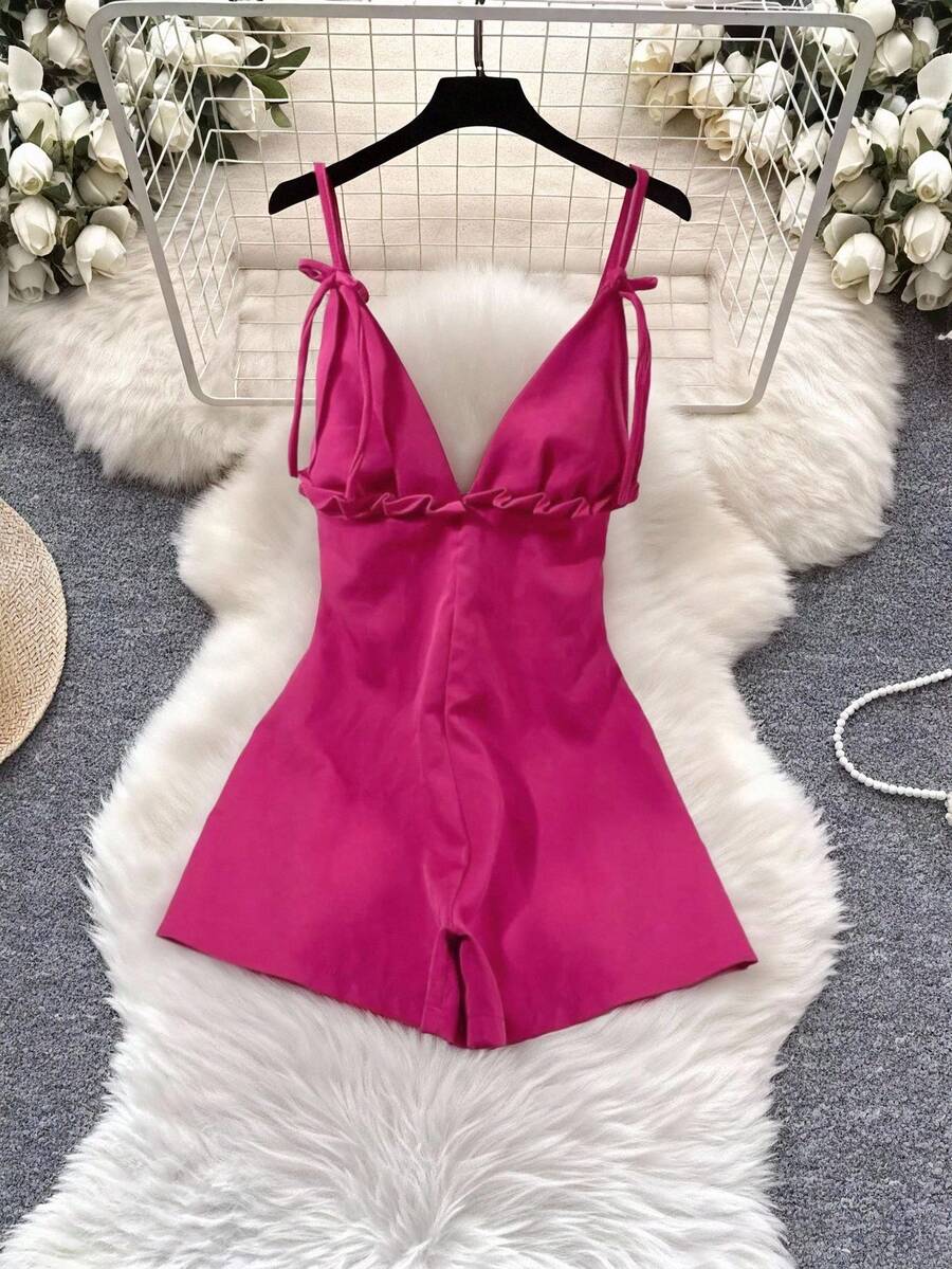 INAWLY 2pcs Women Solid Color Front Tie Spaghetti Strap Casual Sexy Romper - Burgundy - View 1