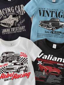 SHEIN 4 件装男婴休闲简约赛车印花短袖圆领上衣，适合春夏季