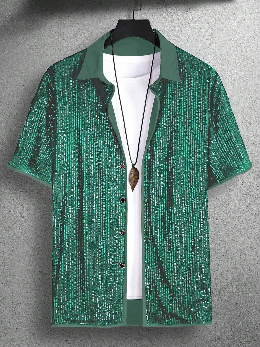 Calvornis Men's Front Button Short Sleeve Casual Shirt With Sequin Decor - Green - View 1