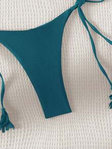 SHEIN Swim Solid Color V-Neck Halter Strap Bikini Set, String Bikini Swimwear Bathing Suit Beach Outfit Summer Vacation,Summer Beach