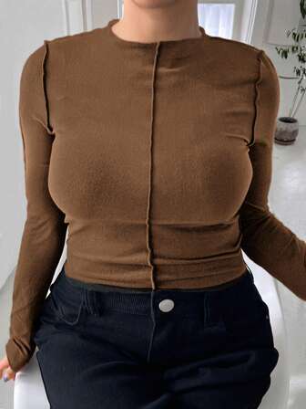 Dazy Plus Plus Size Crew Neck Solid Color Patchwork Slim Fit Undershirt, Spring/Summer Long Sleeve Top