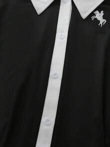 Resyla Autumn/Winter Tight Sportswear Jumpsuit, Contrast Collar, Contrast Cuffs, Long Sleeve Contrast Trim, Contrast White Hem One Piece Romper Collared Romper Black Romper Black And White Outfit Polo Romper - Black and White - View 8