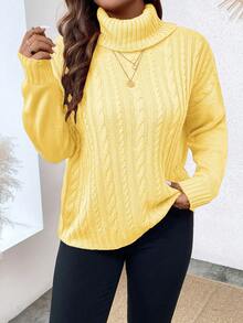 EMERY ROSE Plus Size Women Casual Everyday Commute Simple Solid Color High Neck Dropped Shoulder Loose Cable Knit Sweater, Autumn/Winter - Light Yellow - View 4