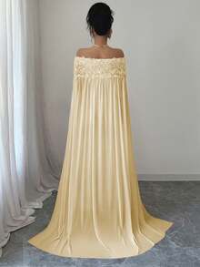 Rafferiza 女士优雅浪漫粉色露肩玫瑰花披肩紧身连衣裙 - 杏色 - 查看 2