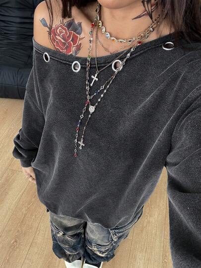 Coolane Felpa oversize vintage con occhielli e lavaggio, stile streetwear, uscite, grunge, goth, Y2K, adatta per l'autunno/inverno delle donne