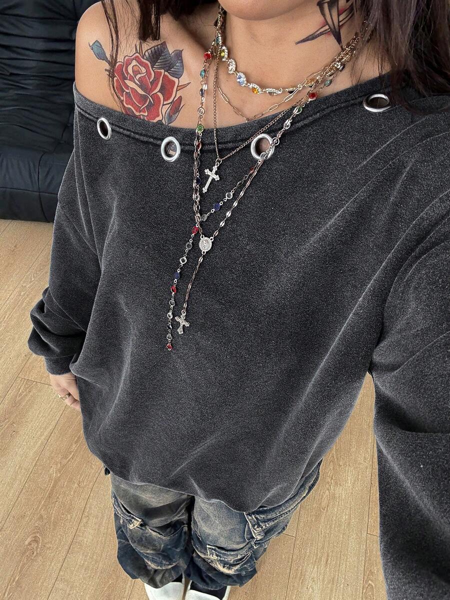 Coolane 女士秋冬街头服饰 外出 垃圾摇滚 哥特 Y2K 水洗 索环 孔眼 复古 宽松 运动衫 - 黑色 - 查看 1