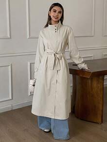 Livesso 女士宽松收腰风衣，秋季款 - 米色 - 查看 6