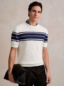 Manfinity Homme Top de punto casual de cuello redondo y manga corta a rayas para hombre - Blanco - Ver 4