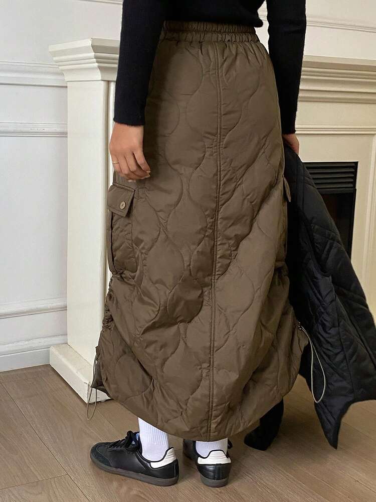 Solid Color Quilted Elastic Waist Long Cargo Pocket Outdoor Casual Skirt For Women, Autumn/Winter