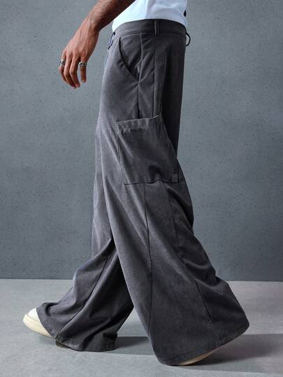 Street Life Men's Solid Color Pocket Design Loose Fit Casual Pants