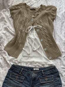 SHEIN New Vintage Front Button Openwork Knitted Sweater - Khaki - View 1