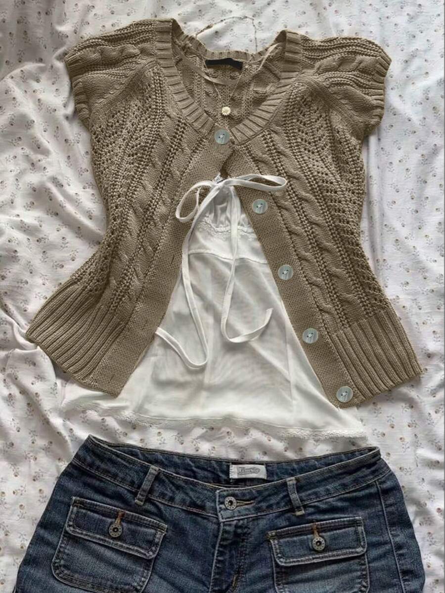 SHEIN New Vintage Front Button Openwork Knitted Sweater - Khaki - View 1