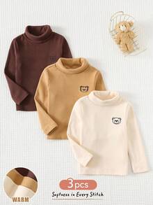 Cozy Pixies 3 pezzi Magliette per bambino con ricamo orsetto, adatte per inverno e autunno. 3 pezzi Magliette a girocollo in maglia morbida tinta unita per bambino, stile casual di base semplice e carino, adatte per autunno/inverno, uso interno/esterno, sci, quotidiano, sport, feste, servizi fotografici, vacanze, con fodera termica e imbottitura