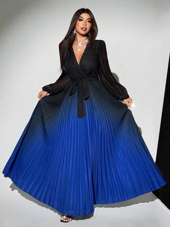 Rafferiza 女式渐变色腰带V领网眼拼布长袖连衣裙