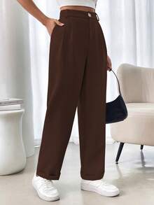 RosyDaze Quần âu nữ kiểu Pháp màu trơn, xếp ly, túi, đa năng - Cà phê nâu - Xem 6