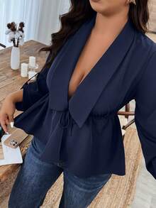 Weeklong Plus Size Women's Spring/Autumn Stylish Office/Commute Minimalist Solid Color Shawl Neck Roll Tab Sleeve Drawstring Waist Peplum Top - Navy Blue - View 1