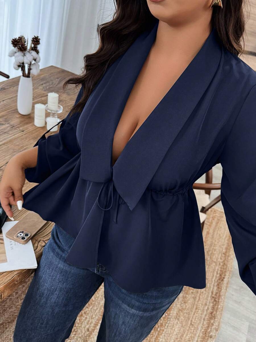 Weeklong Plus Size Women's Spring/Autumn Stylish Office/Commute Minimalist Solid Color Shawl Neck Roll Tab Sleeve Drawstring Waist Peplum Top - Navy Blue - View 1