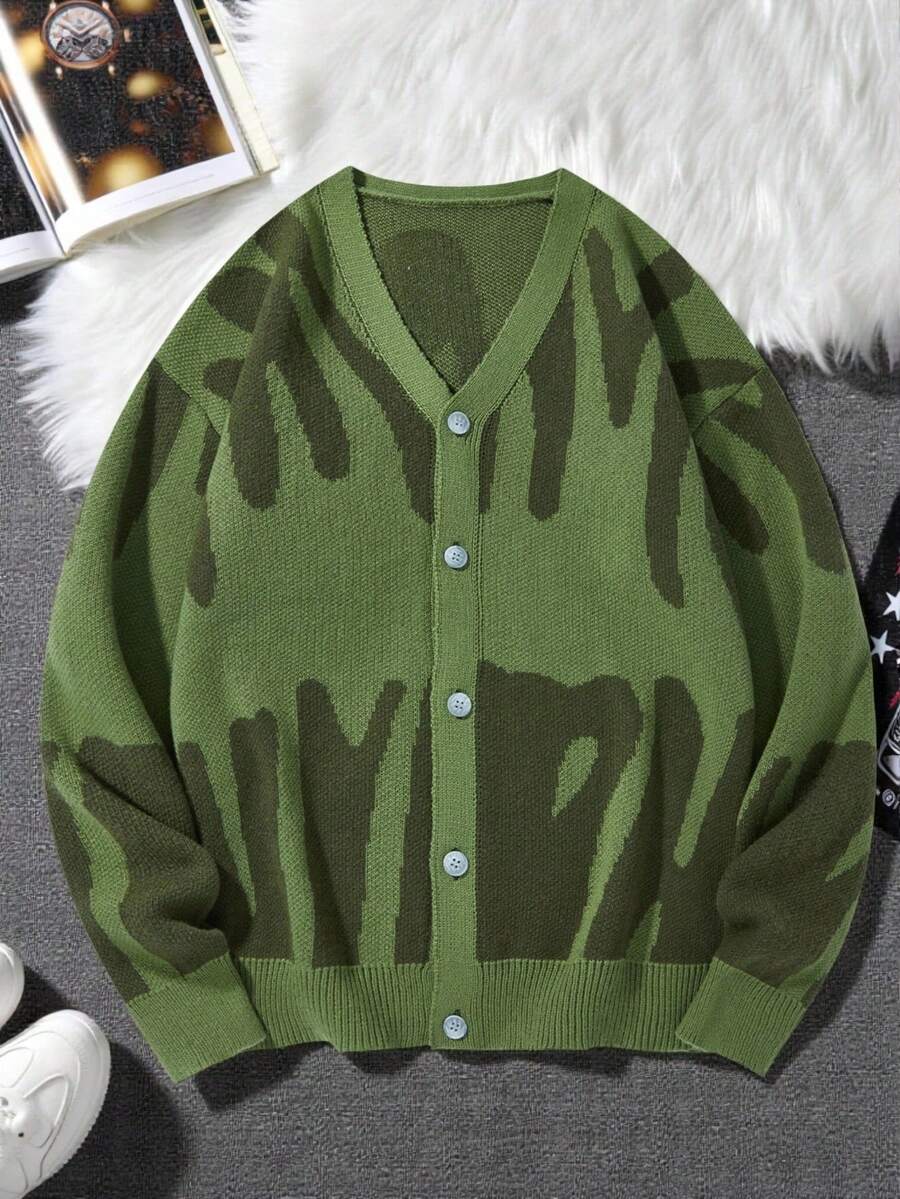 Claim Dot 男士休闲时尚美式街头风格字母图案 V 领纽扣开衫，秋冬 - 軍綠色 - 查看 1