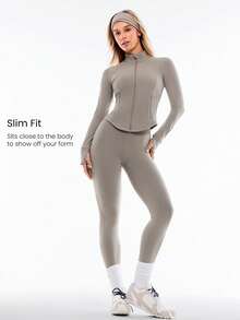 GLOWMODE FeatherFit™ Studio Ready Zipper Pockets Slim Fit Long Sleeve Thumbholes Active Jacket Low Impact Yoga Pilates Studio Gym Daily - Khaki - View 5