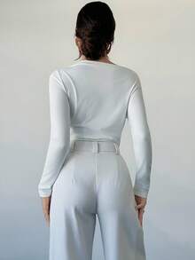 Firerie Women's Elegant Minimalist Chic Fashion Asymmetric Ruffle Collar Long Sleeve Cropped White Bodysuit, Suitable For Daily Commute Fall Winter Clothes For Women New Year Christmas Elegant Women's Blouses Casual Bodysuit For Women - White - View 6