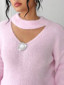 Elenzga Suéter de punto con cuello en V, unicolor, con perlas metálicas, para mujer de talla grande, informal para otoño/invierno, adecuado para Navidad, Halloween, vuelta al colegio - Rosa - Ver 6