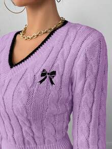 Elenzga 秋冬时尚蝴蝶刺绣V领粗针织女套头衫 - 紫色 - 查看 3