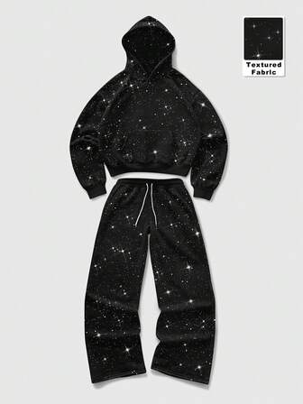 Street Life Men's Textured Fabric Pocket Hoodie And Drawstring Waist Wide Leg Sweatpants Set, Spring/Autumn