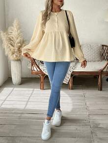 Momance 孕妇秋季简约瑞士圆点纽扣半开襟衬衫 - 杏色 - 查看 7