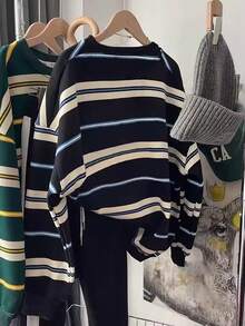 SHEIN New Fashion Women Striped Contrast Color Round Neck Sweatshirt