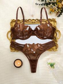 Set de 2 piezas de lencería sexy con hojas de arce quemadas de estilo romántico en color blanco - Café integral - Ver 3