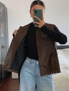 DAZY 女士秋冬百搭修身无袖仿皮背心、休闲皮夹克 - 咖啡棕 - 查看 3