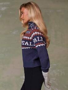 Athîral Women's Casual Geometric Letter Pattern Turtleneck Raglan Sleeve Loose Knit Sweater, Fair Isle Pattern, Festive Sweater, Pullover Sweater, Dark Blue, Suitable For Autumn And Winter And Christmas. - Multicolor - View 6