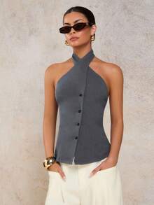 COSMINA 女士优雅交叉露背吊带背心，适合度假、春夏季 - 灰色 - 查看 5