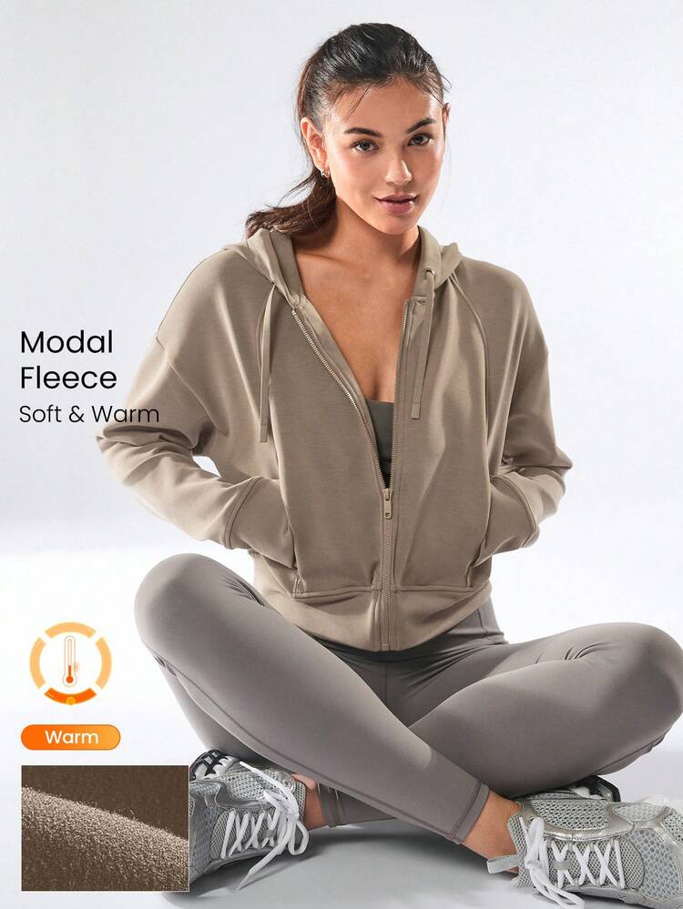 Modal Fleece Power Zip Side Pockets Hoodie Long Sleeve Sweater With Thumbholes Daily Casual