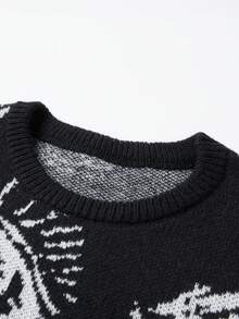 Claim Dot 男士创意图案提花休闲长袖时尚针织套头毛衣，哥特风长袖针织毛衣，Y2K风格，秋冬款 - 黑色 - 查看 4