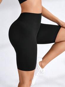 SHEIN Velisys Women's 2pcs Black Seamless Rib-Knit Bermuda Sports Shorts For Gym And Training - Black - View 4