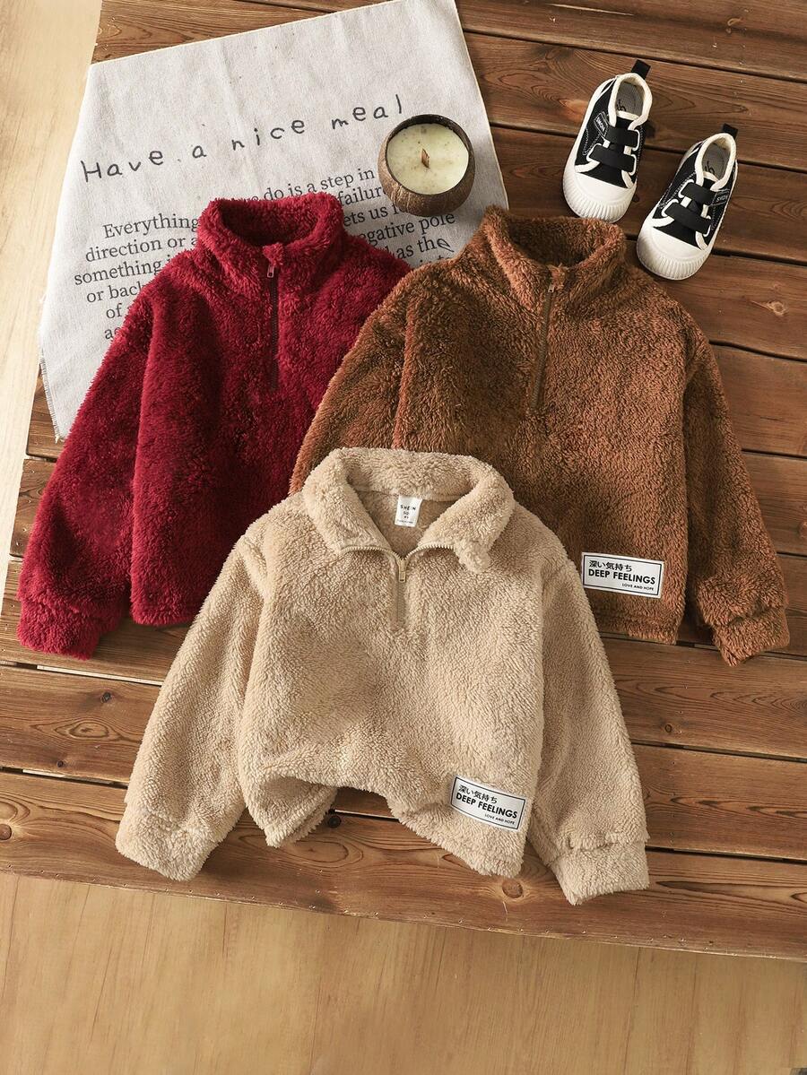 SHEIN 女童 3 件套 素色立領半拉鍊抓絨休閒短版衛衣,雙面抓絨,秋冬款 - 酒紅色 - 查看 1