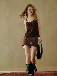 MOTF STUDIO HANDMADE WOVEN STRAP METAL RIVET STRAP CAMI TOP - Coffee Brown - View 6