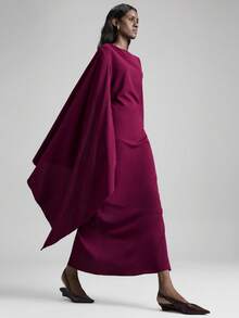Ontre 女士勃艮第褶皱面料立领肩部褶皱不对称袖直下摆开衩连衣裙，适合所有季节，精致的都市休闲商务装，高品质机场时尚，高端邮轮装，圣诞节和新年派对礼服 - 酒紅色 - 查看 3