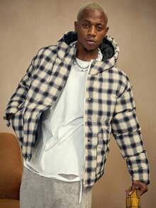 PAVTROS Men's Hooded Plaid Print Winter Coat,Baggy,Puffer Jacket, Casual Street Style - Apricot - View 4
